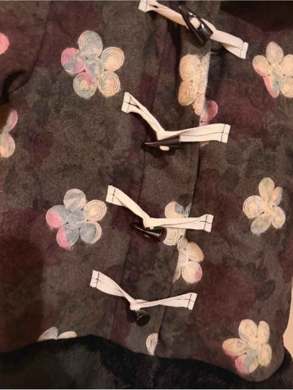 Girls Floral Toggle Coat in Charcoal with Pink Accents